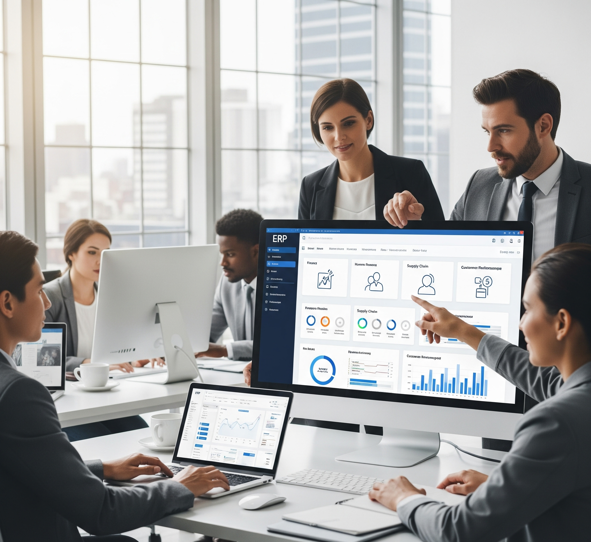 Business team collaborating with ERP software dashboard